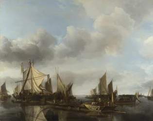 A River Scene with a Large Ferry and Numerous Vessels